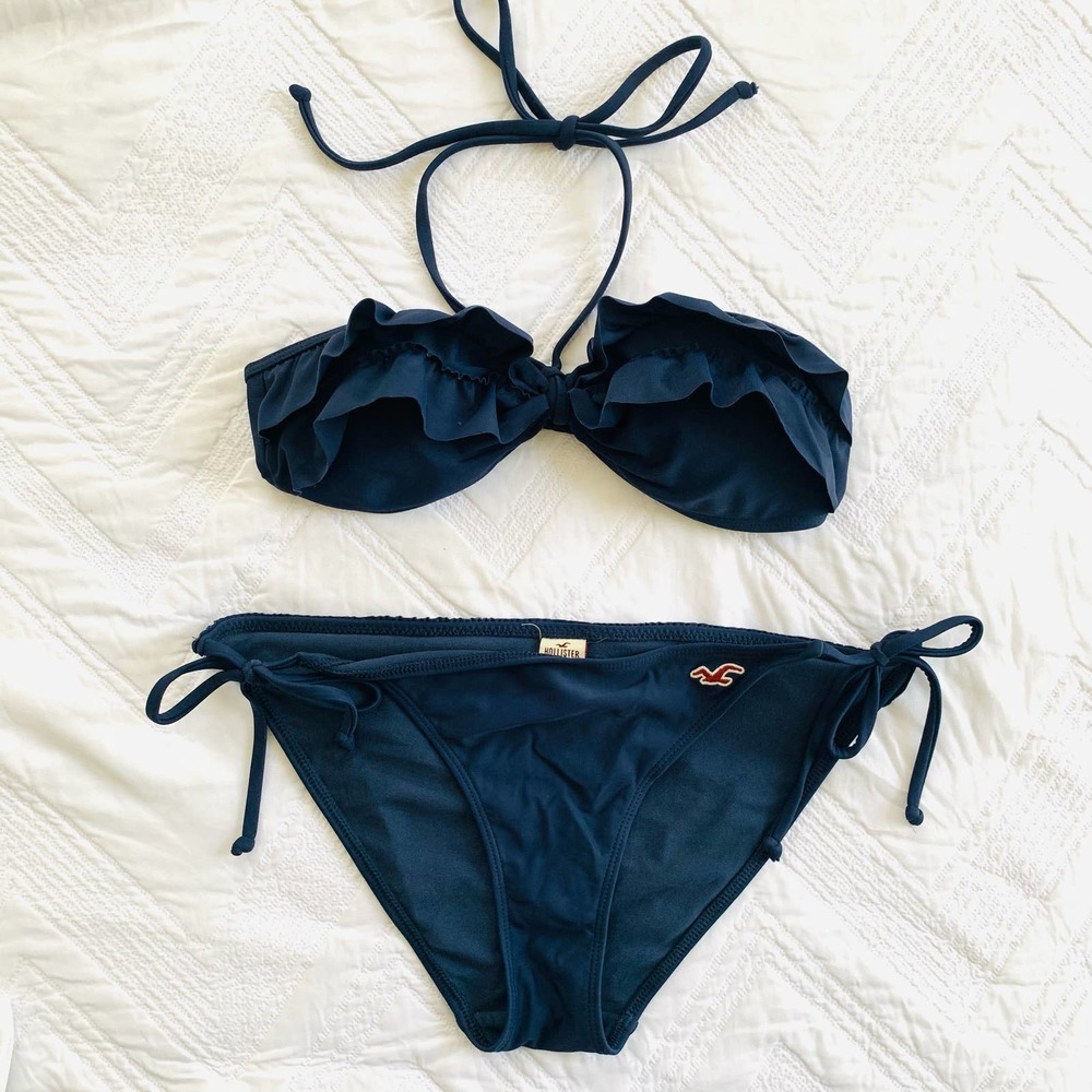 Hollister Ruffle Navy Blue 2 Piece Bikini XS M - Picture 3 of 8